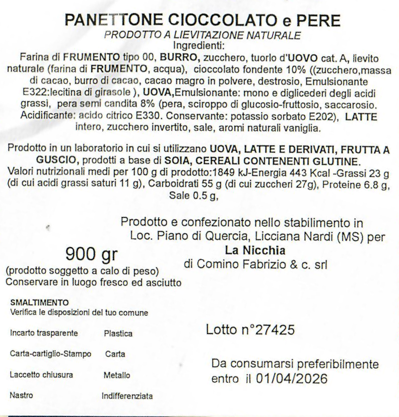 Panettone La Nicchia Cioccolato e Pere Incartato 900g