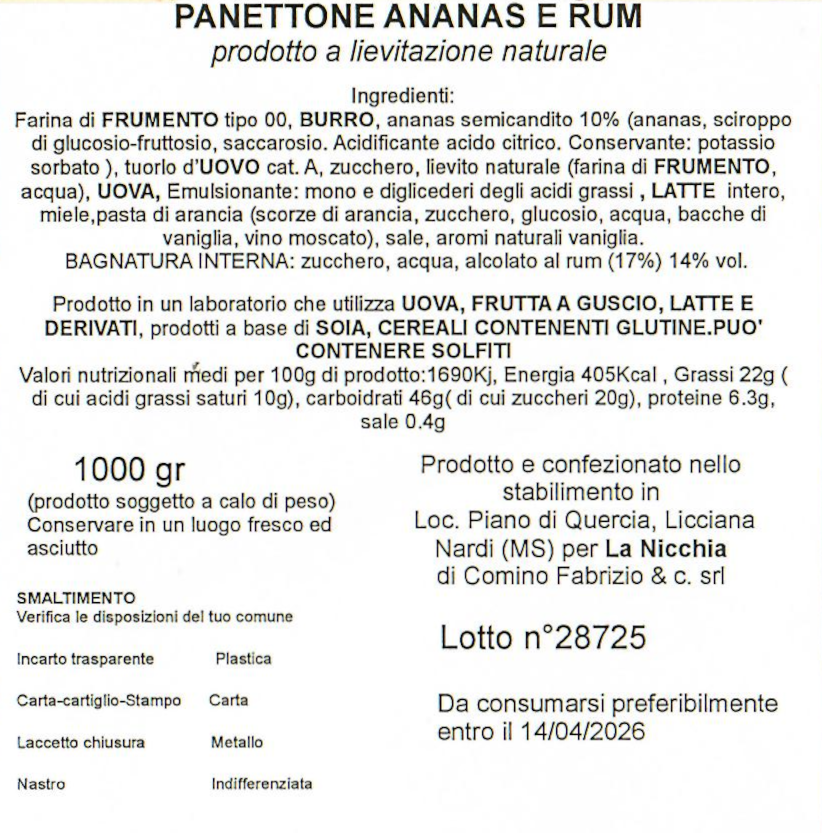 Panettone La Nicchia Ananas e Rum Incartato 1000g