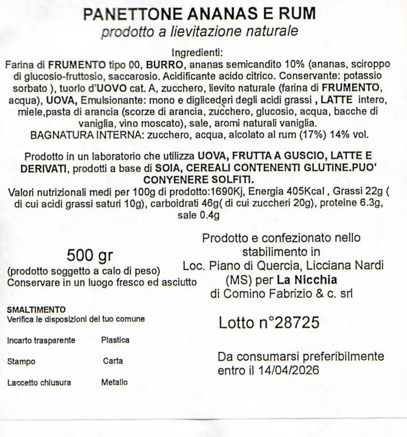 Panettone La Nicchia Ananas e Rum Cellophane 500g