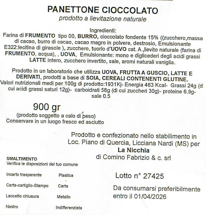 Panettone La Nicchia Cioccolato Cellophane 900g
