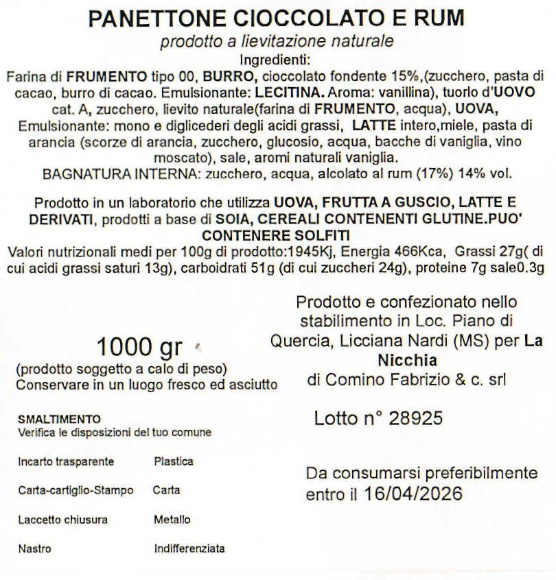 Panettone La Nicchia Cioccolato e Rum Incartato 1000g