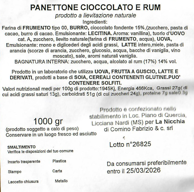 Panettone La Nicchia Cioccolato e Rum Cellophane 1000g