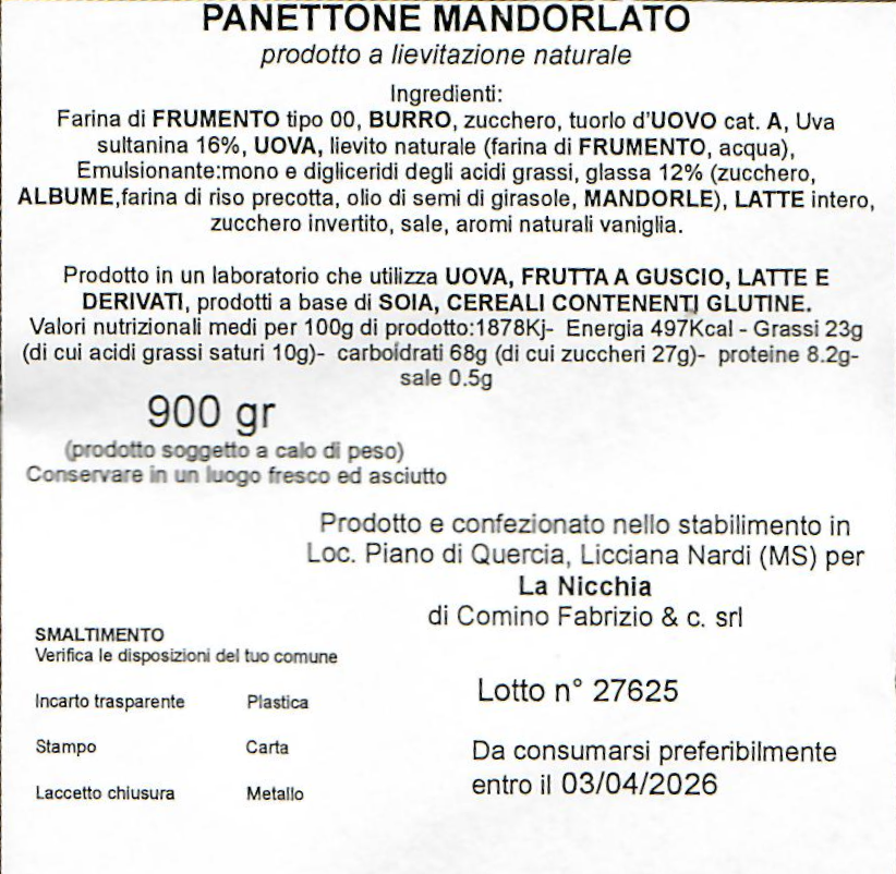 Panettone La Nicchia Mandorlato Cellophane 900g