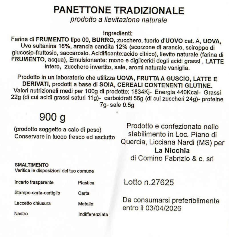 Panettone La Nicchia Tradizionale Incartato 900g